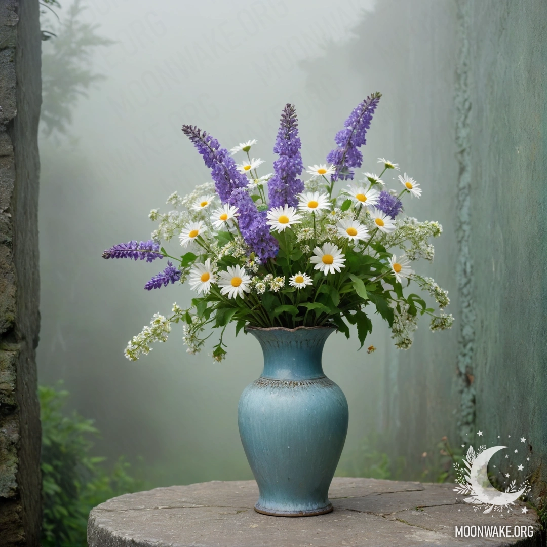 A shabby blue metal vase filled with daisies and lilacs against a faded greenish wall in heavy fog.