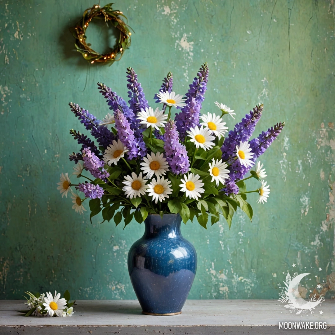 A shabby blue metal vase holding daisies and lilacs against a greenish wall, adorned with garland lights.