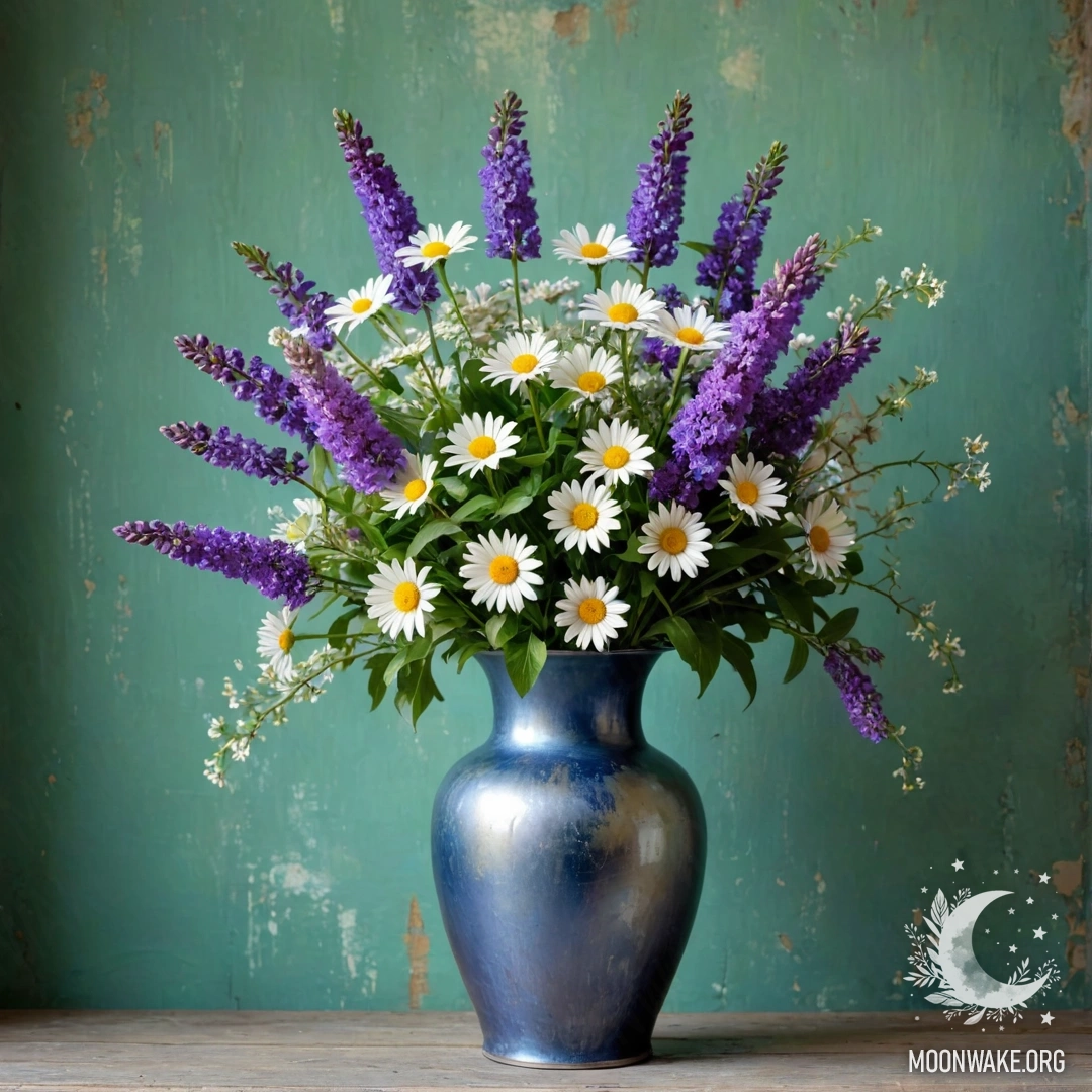 An abstract blue vase with daisies and lilacs against a green wall with garland lights.