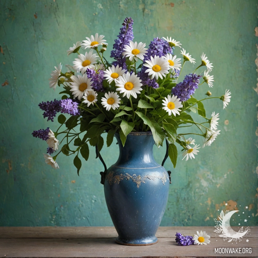 A shabby blue metal vase filled with daisies and lilacs, set against a worn greenish wall.