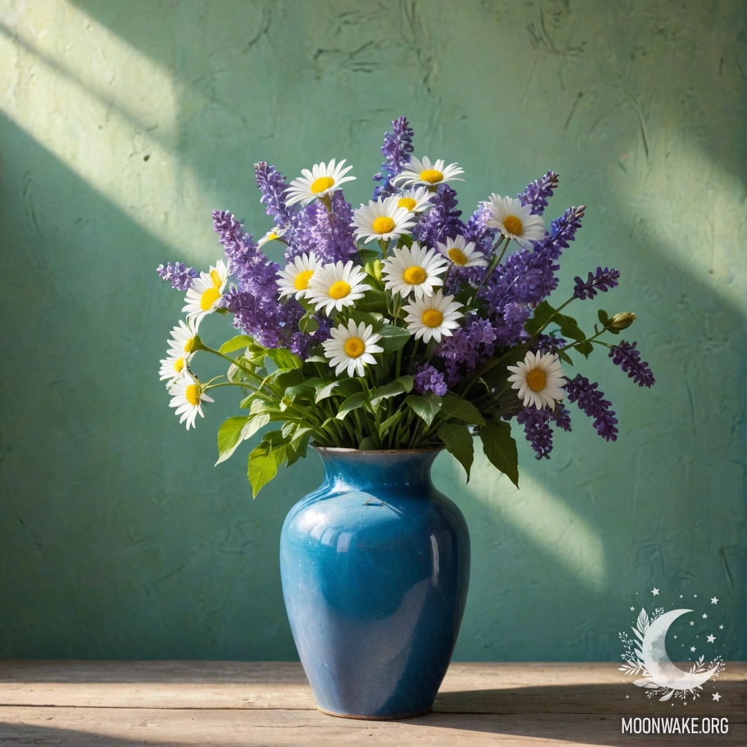 A shabby blue metal vase filled with daisies and lilacs against a greenish wall during sunset.