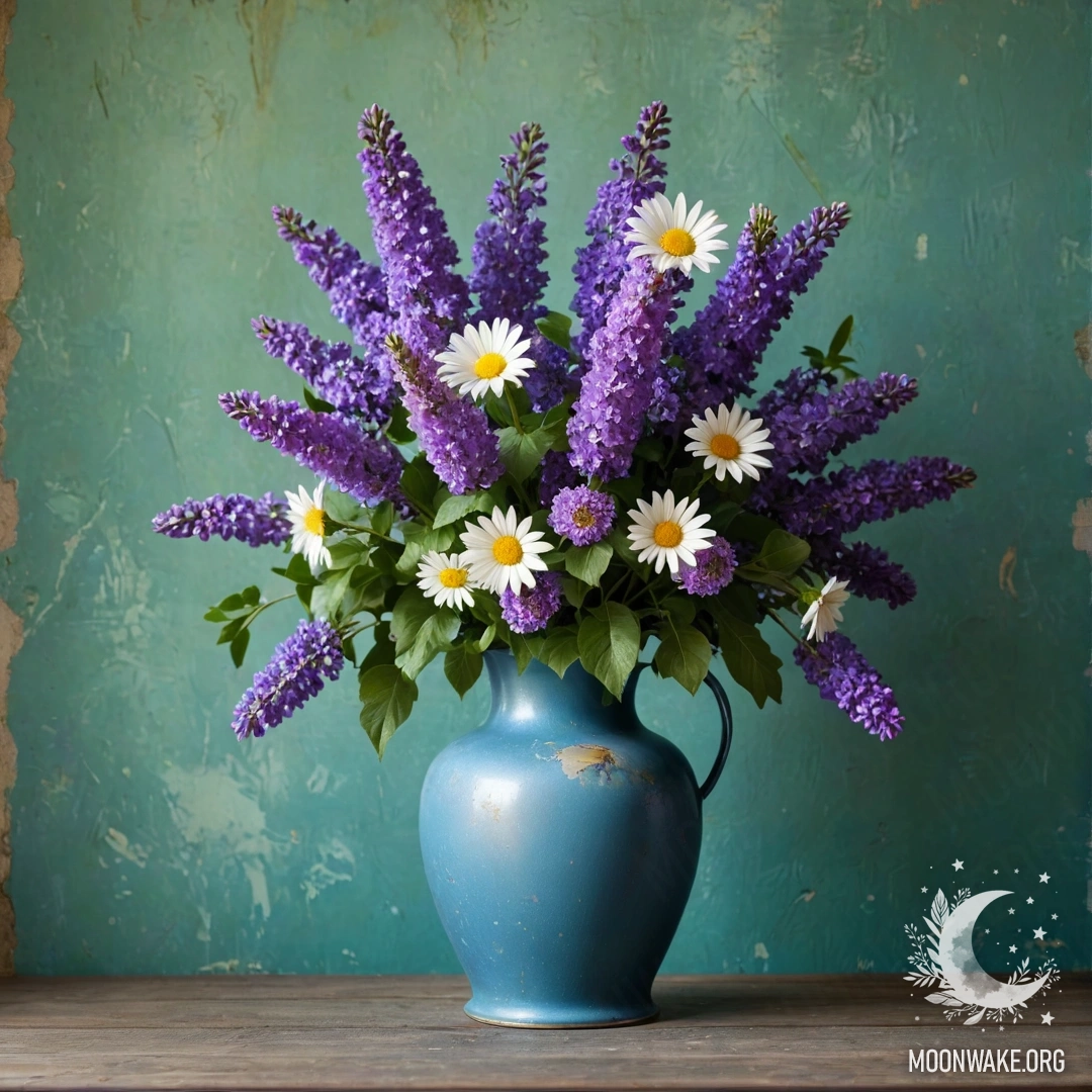 A shabby blue vase holding daisies and lilacs, placed against a greenish wall adorned with garland lights.