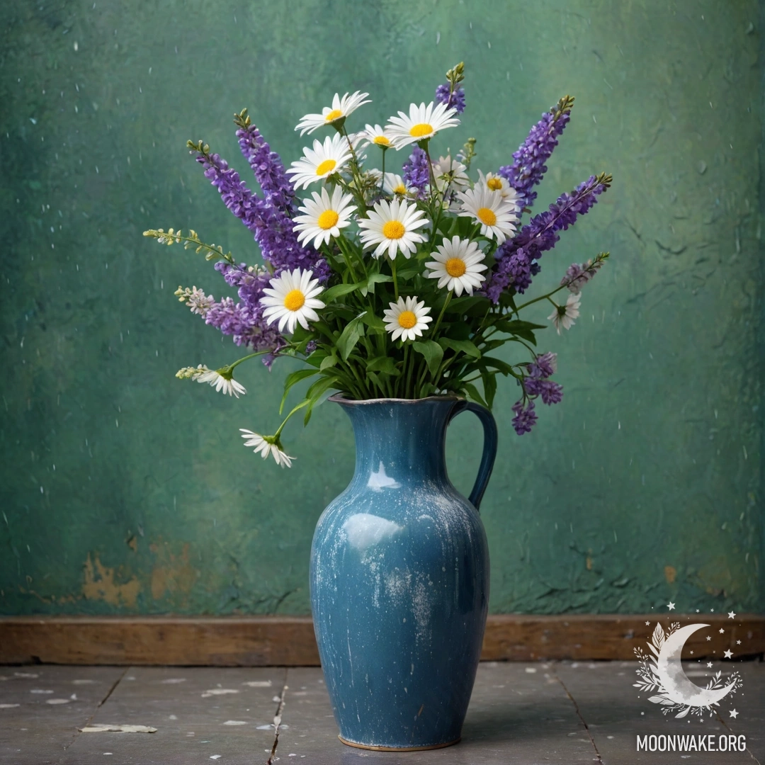 A shabby blue metal vase filled with daisies and lilacs against a greenish wall in the rain.