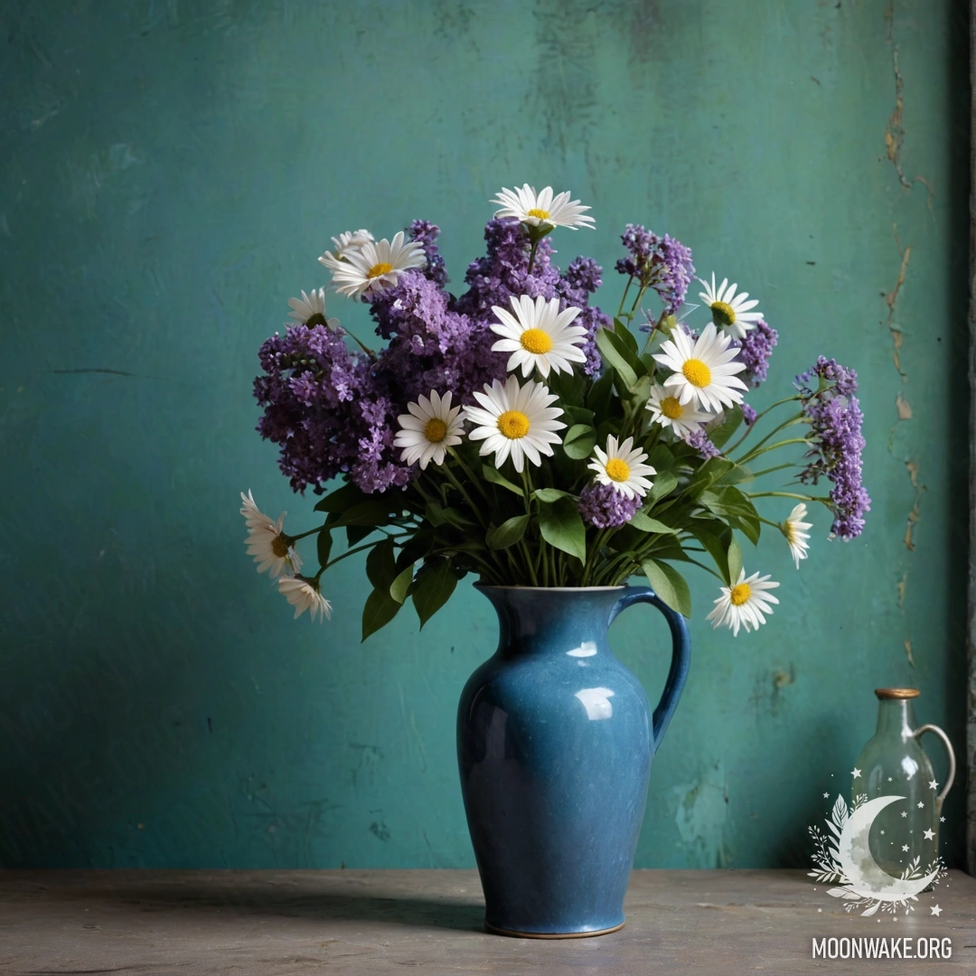 Shabby Blue Vase with Daisies and Lilacs A shabby blue vase filled with daisies and lilacs set against a greenish wall at night.