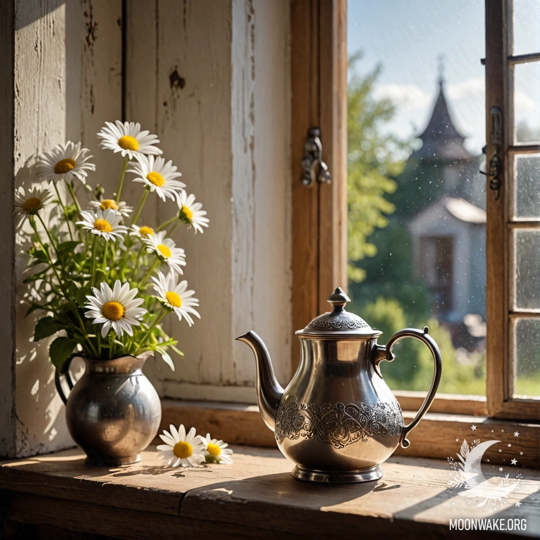 A photorealistic image of a shabby blue vase filled with daisies and lilacs, set against a distressed greenish wall.