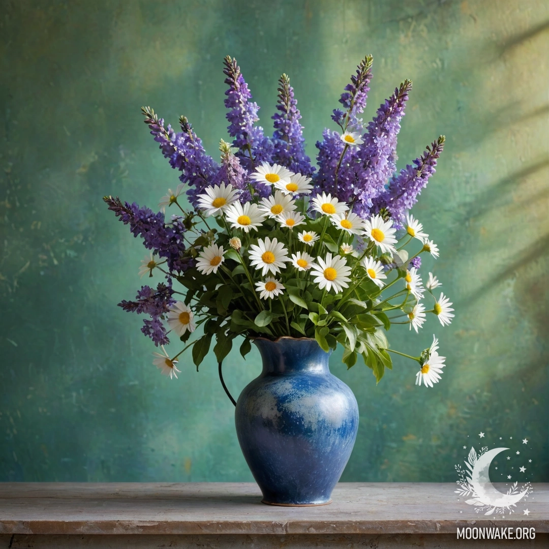 A shabby blue metal vase filled with daisies and lilacs against a greenish wall during sunset.
