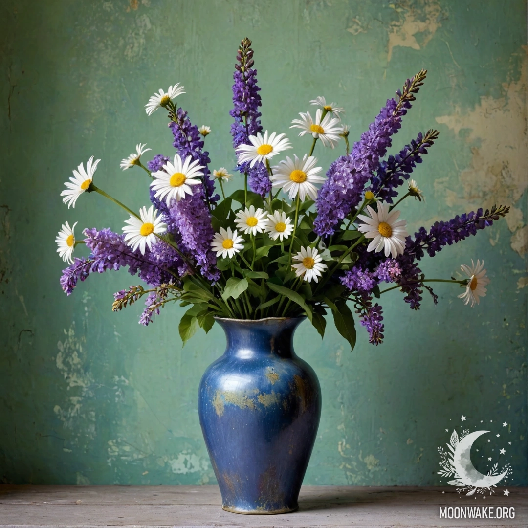 A blue shabby metal vase adorned with daisies and lilacs against a greenish wall.