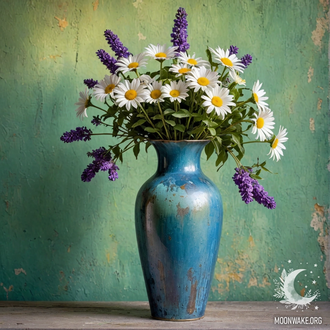 Shabby Blue Vase with Daisies and Lilacs A faded blue metal vase filled with daisies and lilacs against a weathered greenish wall at sunset.