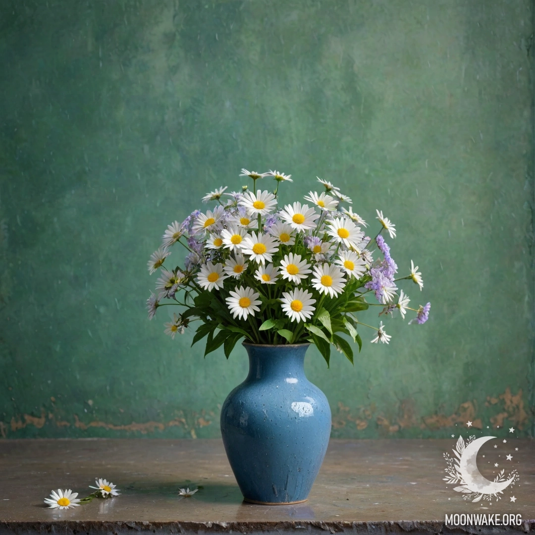A shabby metal blue vase holds daisies and lilacs against a greenish wall under the rain.