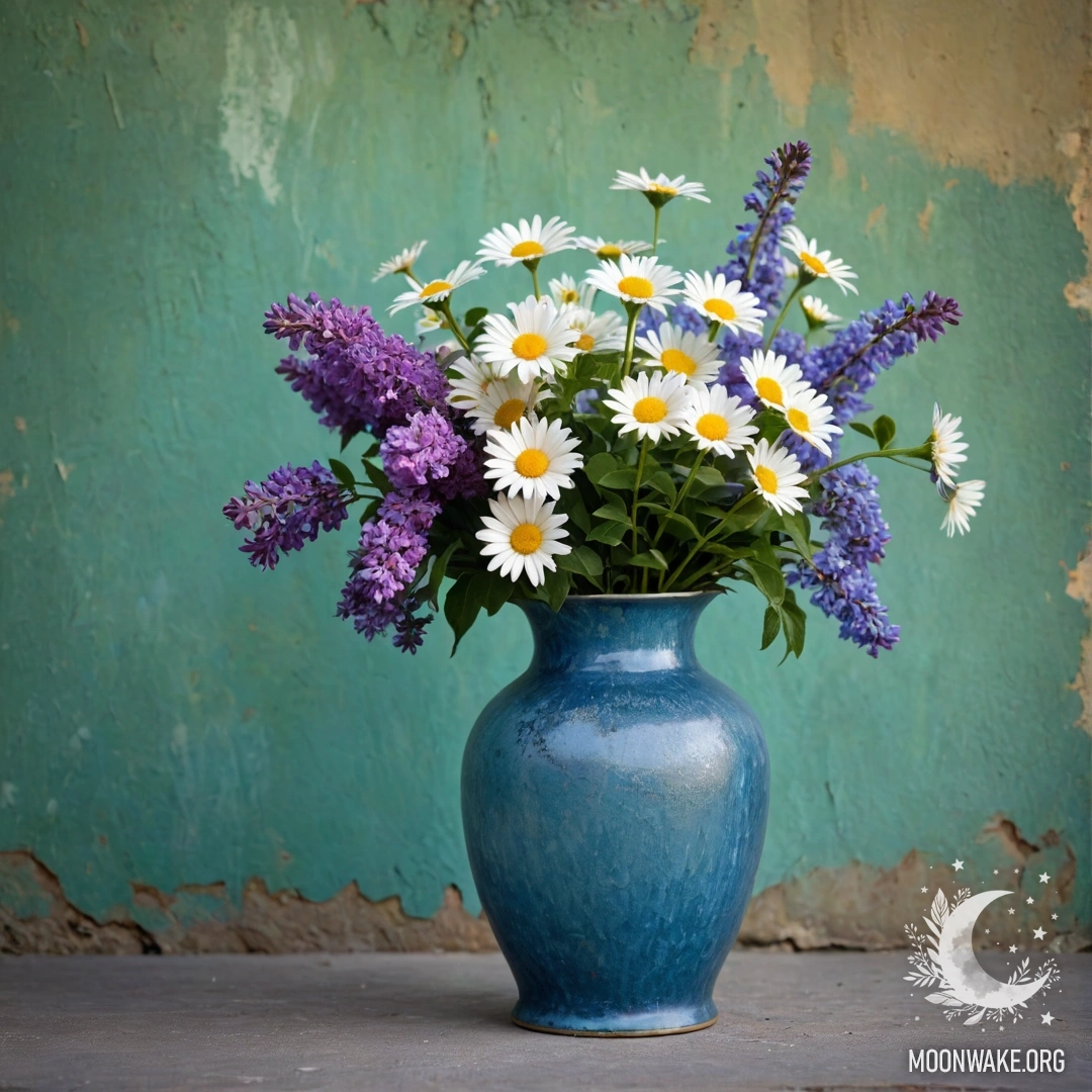 A shabby blue metal vase filled with daisies and lilacs against a green wall during sunset.
