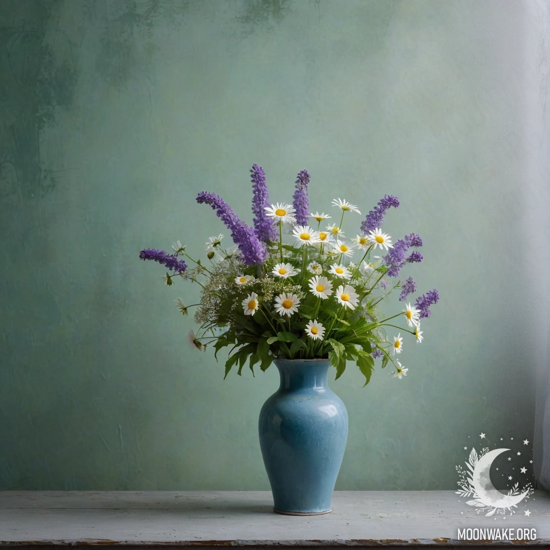 Shabby Blue Vase with Daisies and Lilacs A shabby blue vase filled with daisies and lilacs against a greenish wall shrouded in mist.