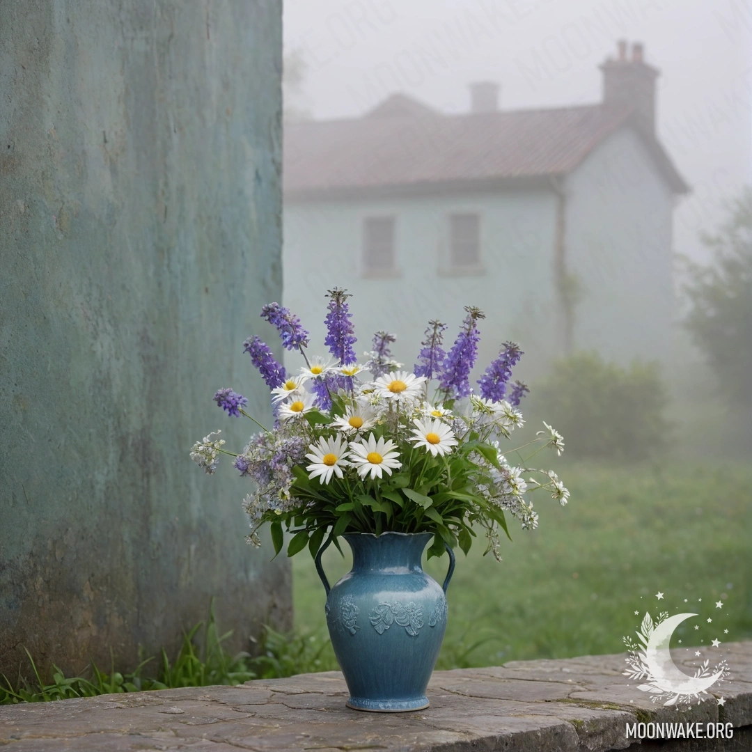 A shabby metal blue vase filled with daisies and lilacs against a greenish wall in dense fog.