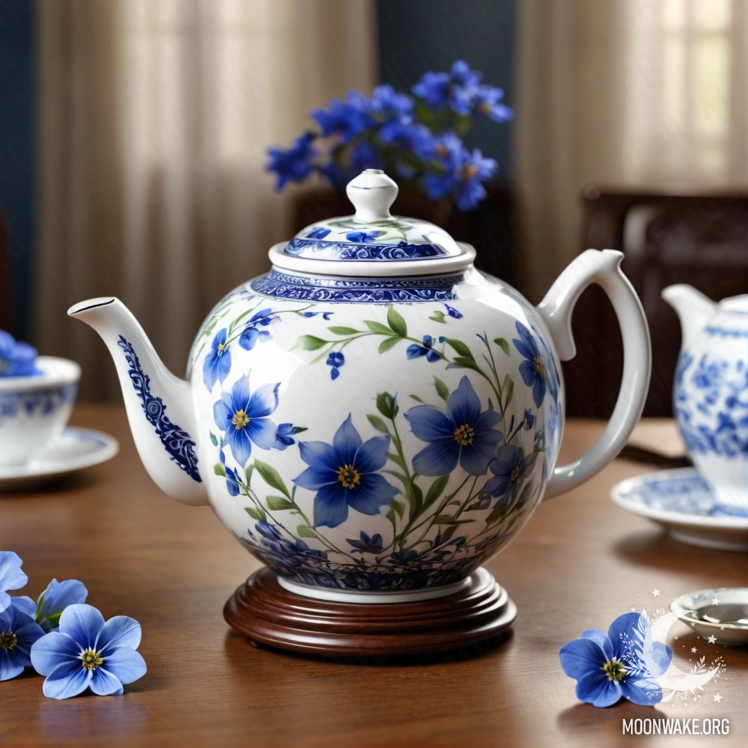 A shabby blue vase with daisies and lilacs against a shabby greenish wall at night.