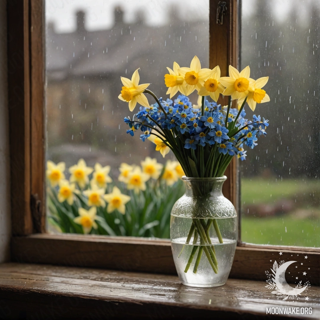 A shabby blue vase filled with daisies and lilacs against a green wall, under rain.