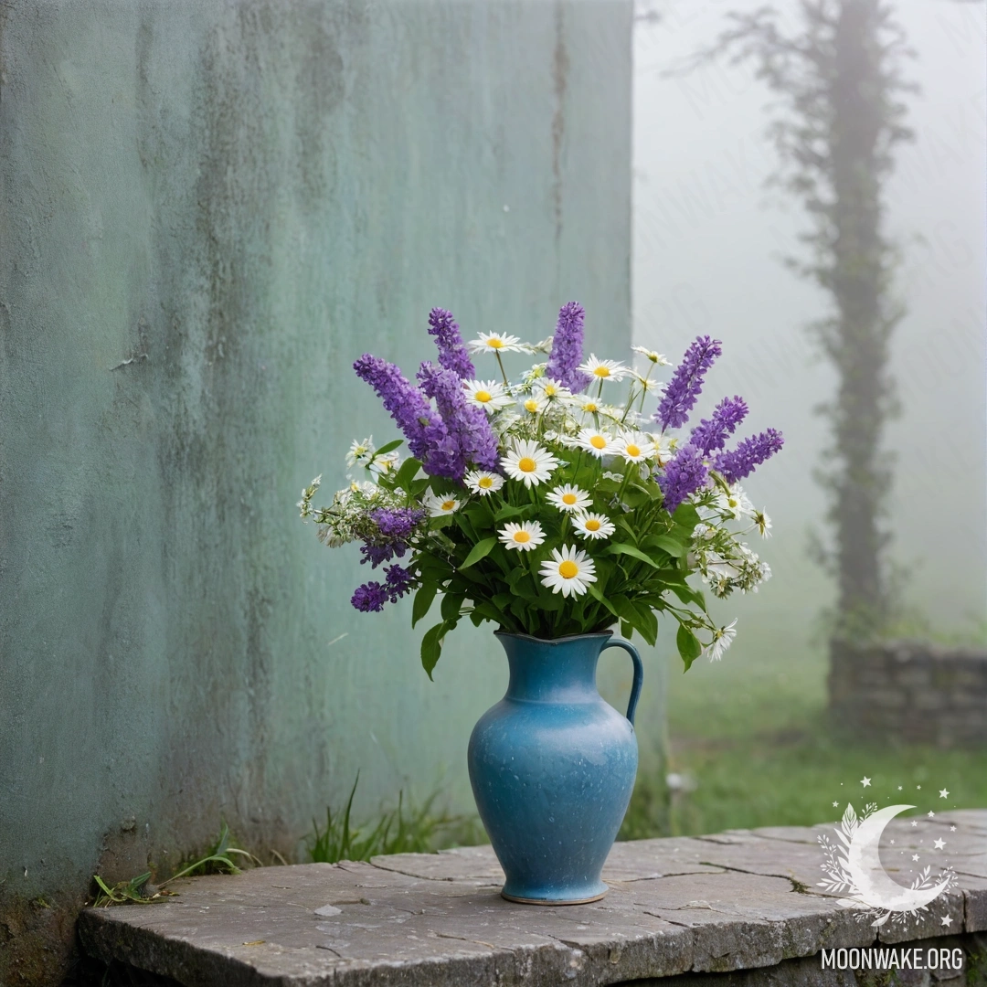 A shabby blue vase filled with daisies and lilacs against a foggy wall.