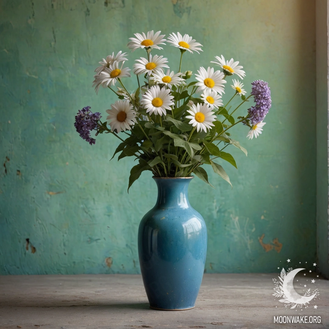 A shabby blue metal vase filled with daisies and lilacs against a greenish wall during sunset.