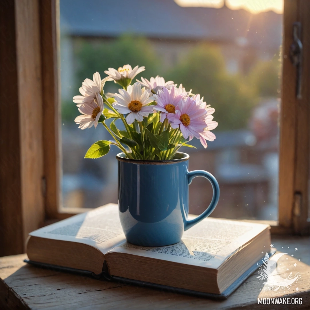 A shabby blue vase filled with daisies and lilacs against a textured green wall in a dense fog.