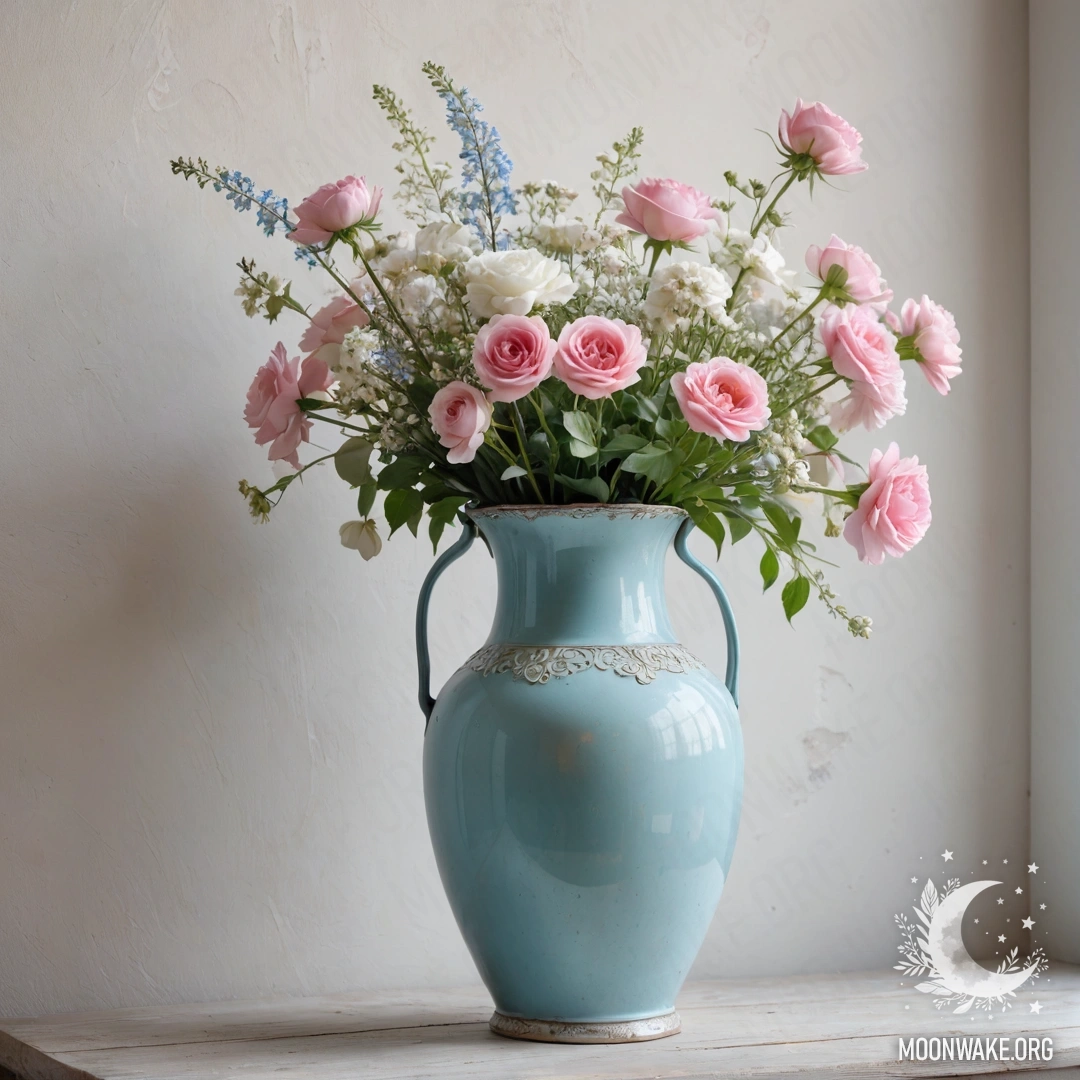A shabby pastel blue vase with white and pink flowers against a white wall during sunset.