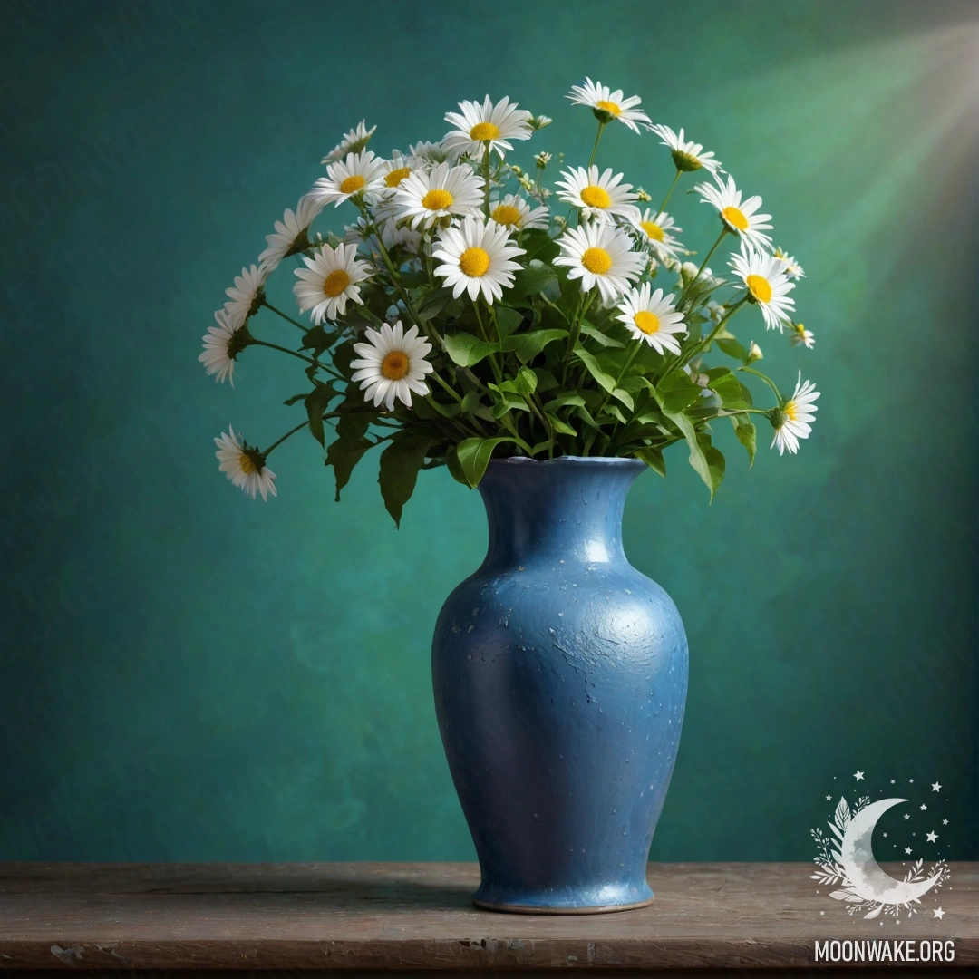 A shabby blue metal vase filled with daisies and lilacs against a greenish wall at night.