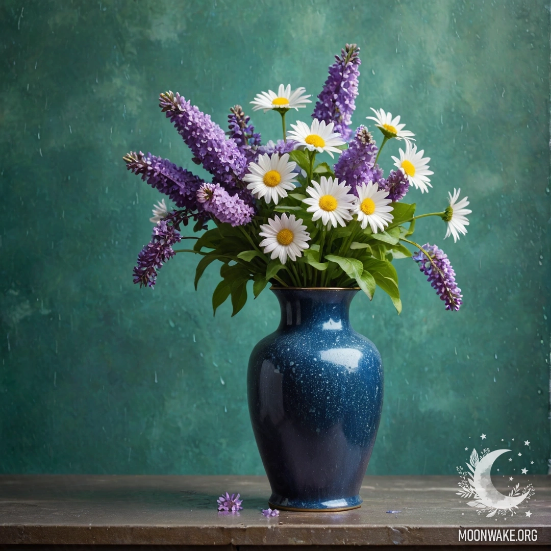 A shabby blue metal vase filled with daisies and lilacs against a green wall, with rain droplets visible.