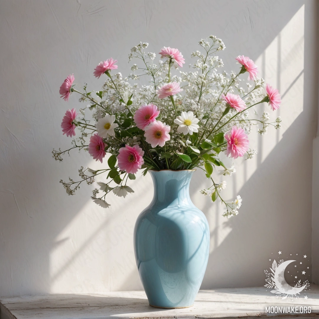 Shabby Blue Vase with Floral Arrangement A shabby pastel blue vase with white and pink flowers against a white wall illuminated by sun rays.
