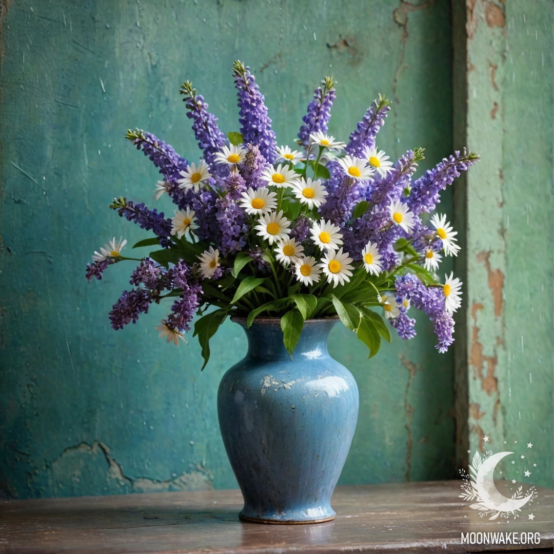 Delicate Blue Vase with Flowers A shabby metal blue vase with daisies and lilacs against a greenish wall in the rain.
