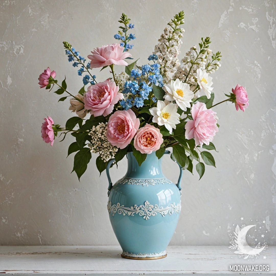 Shabby Blue Vase with Flowers A shabby pastel blue vase filled with white and pink flowers, set against a worn white wall.