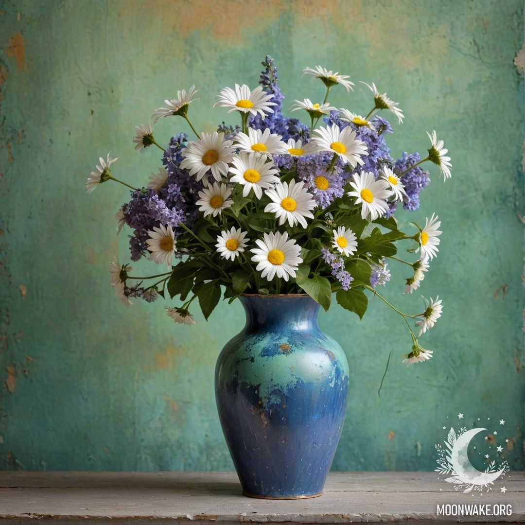 A shabby blue metal vase filled with daisies and lilacs against a greenish wall during sunset.