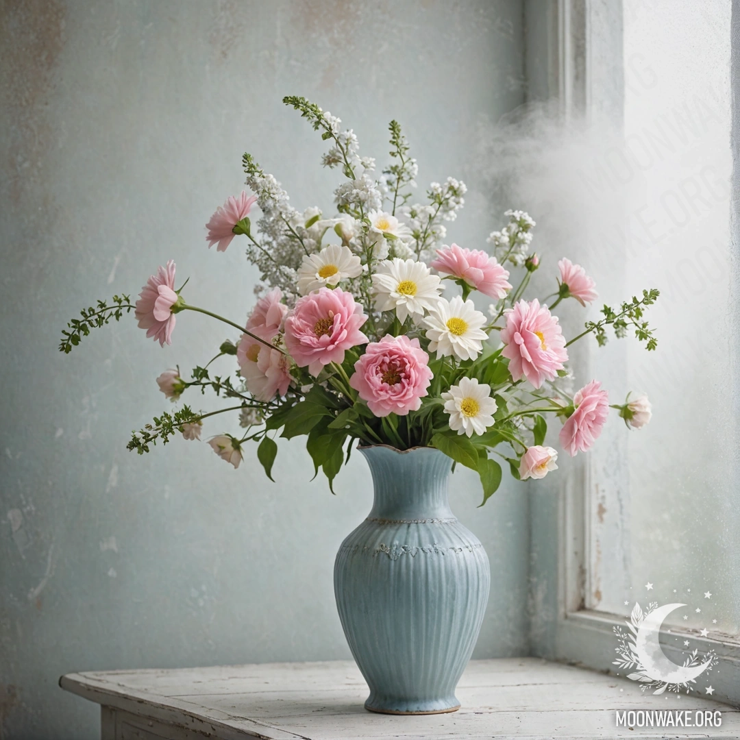 A shabby pastel blue vase with white and pink flowers in dense fog.