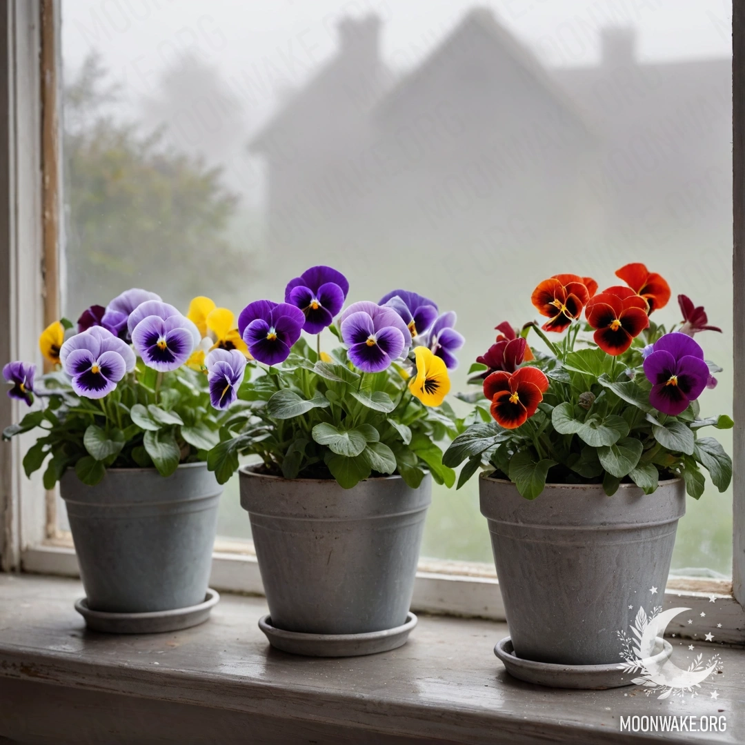 Vintage flowerpots with pansies on a windowsill in dense fog.