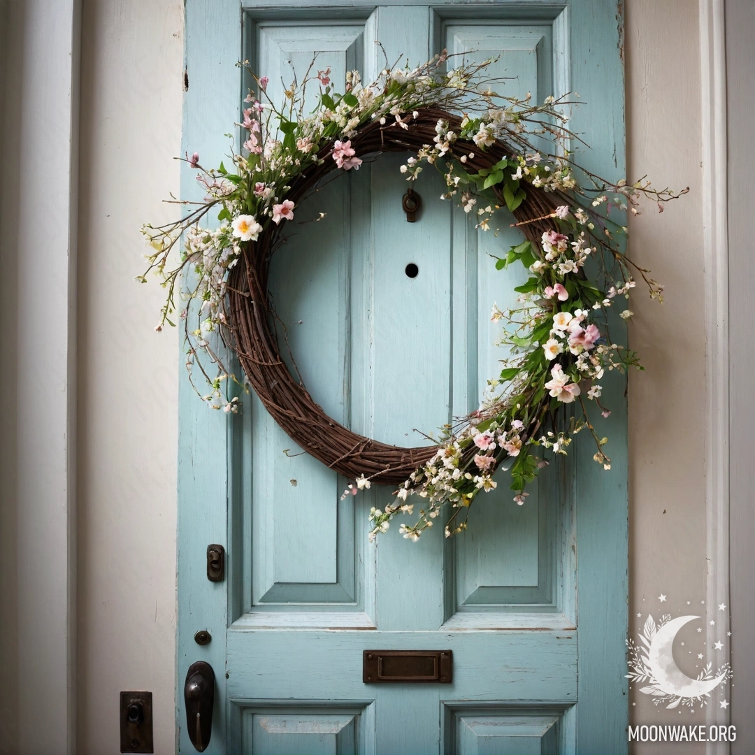A shabby door adorned with flower-twined twigs on the handle, illuminated by garland lights.