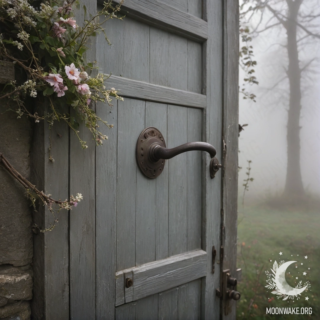 Serene Foggy Door with Floral Twigs A shabby door adorned with twigs and flowers, enveloped in a thick mist.