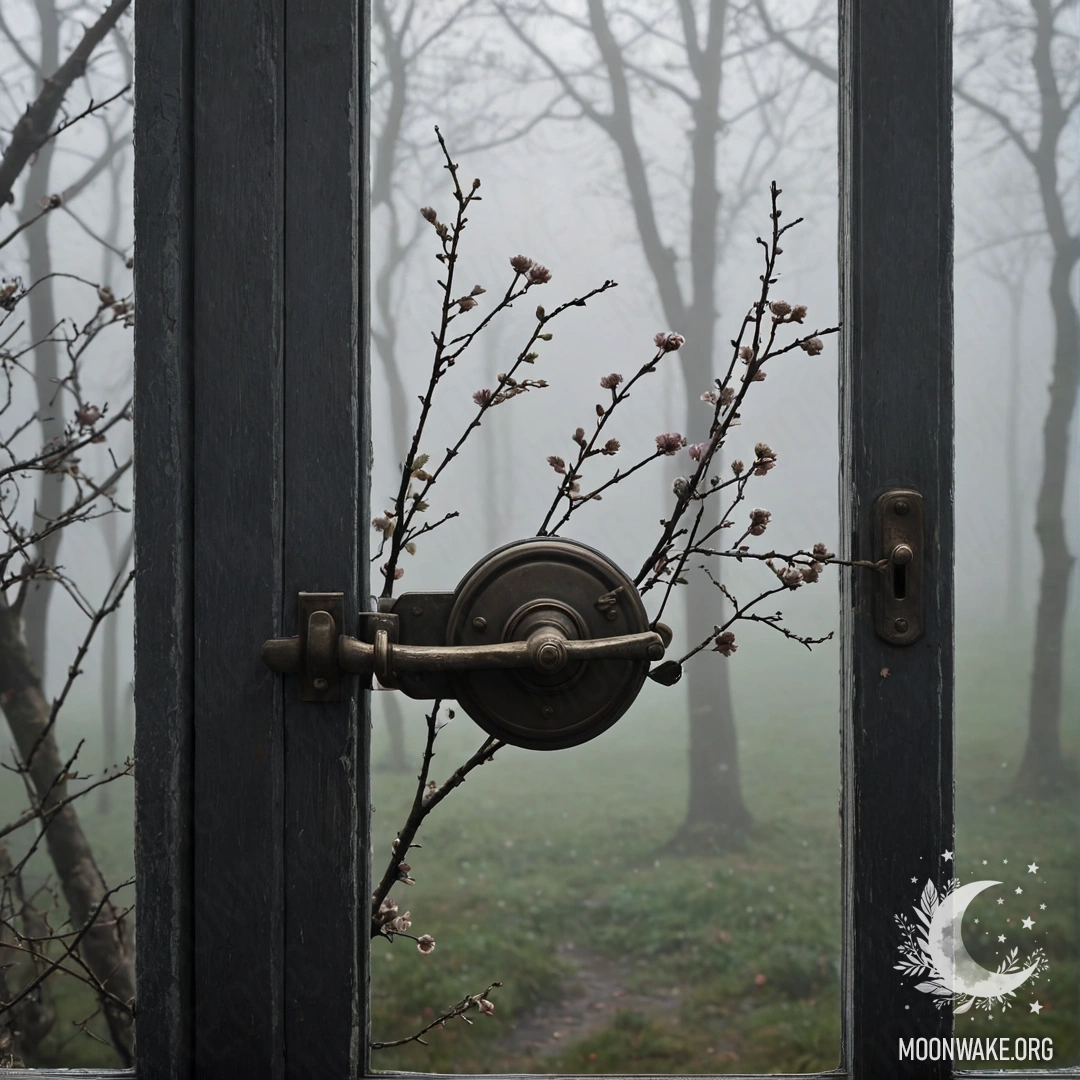 A shabby door adorned with twigs and flowers, enveloped in dense fog.