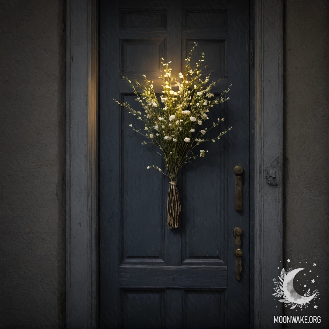 A shabby door adorned with twigs and flowers on the handle, set at night.