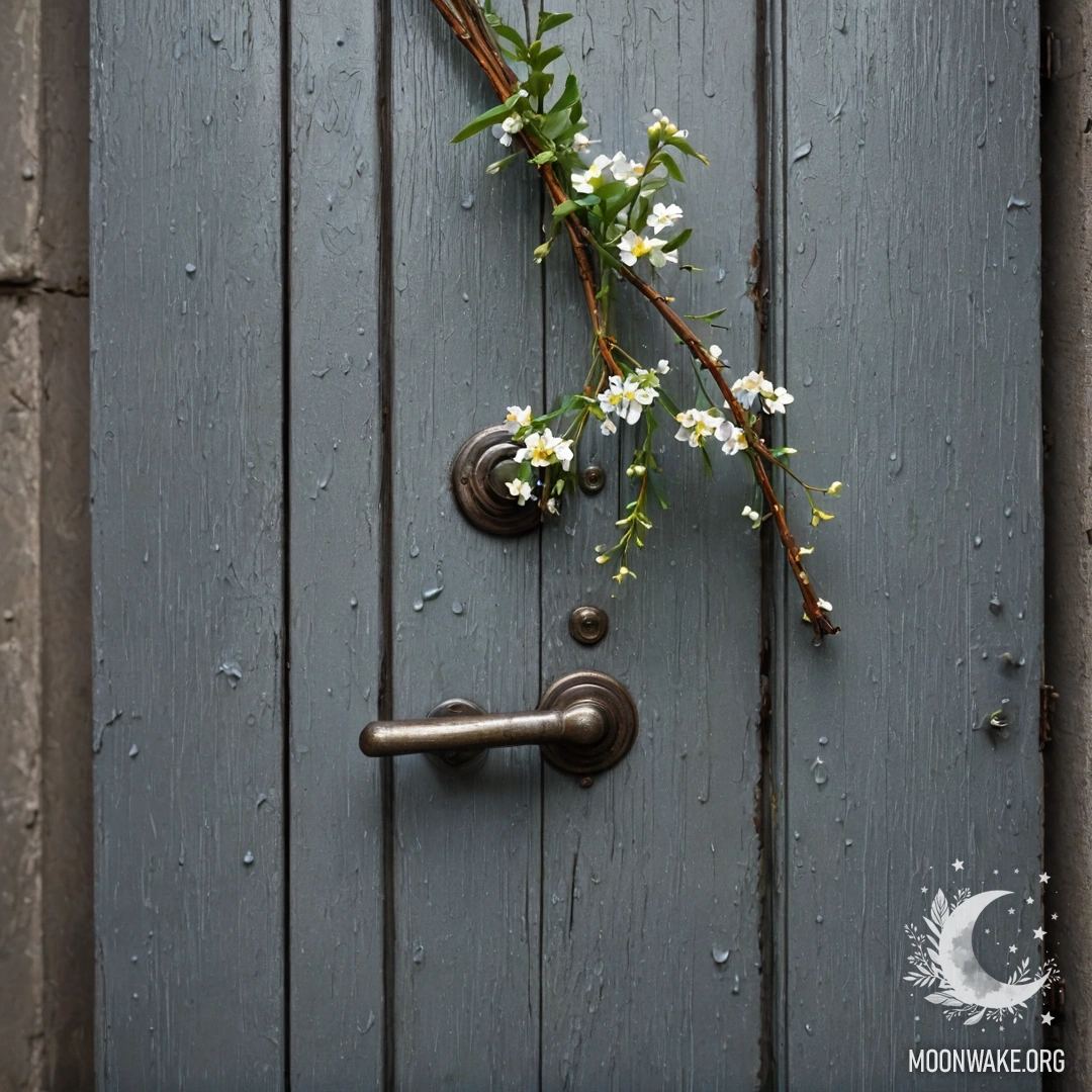 A shabby door adorned with twigs and flowers on the handle, visible raindrops create a serene atmosphere.