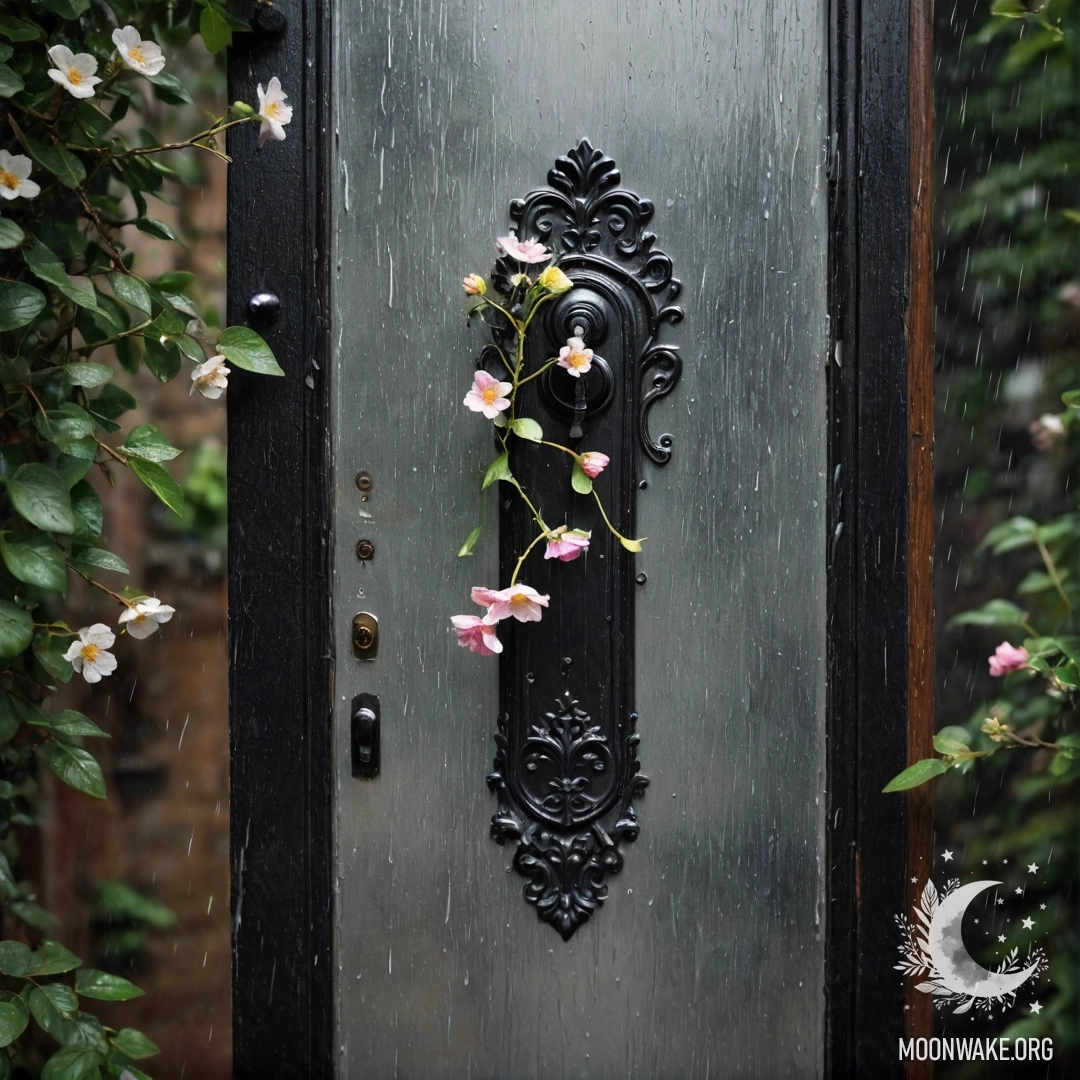 Shabby Door with Flowers Under Rain A shabby door adorned with twigs and flowers on the handle, rain falling around it.