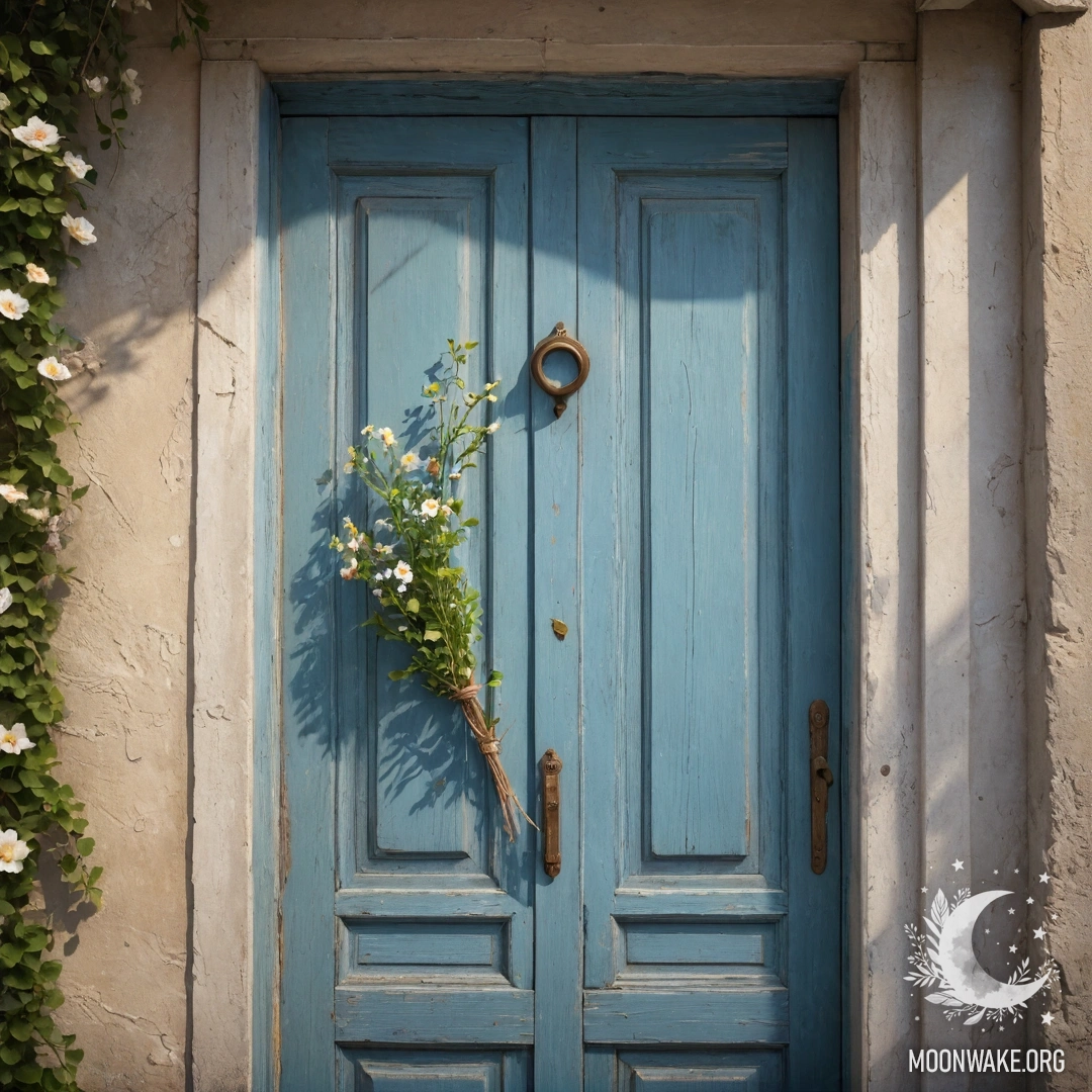 A shabby door adorned with twigs and flowers on the handle, illuminated by sun rays.