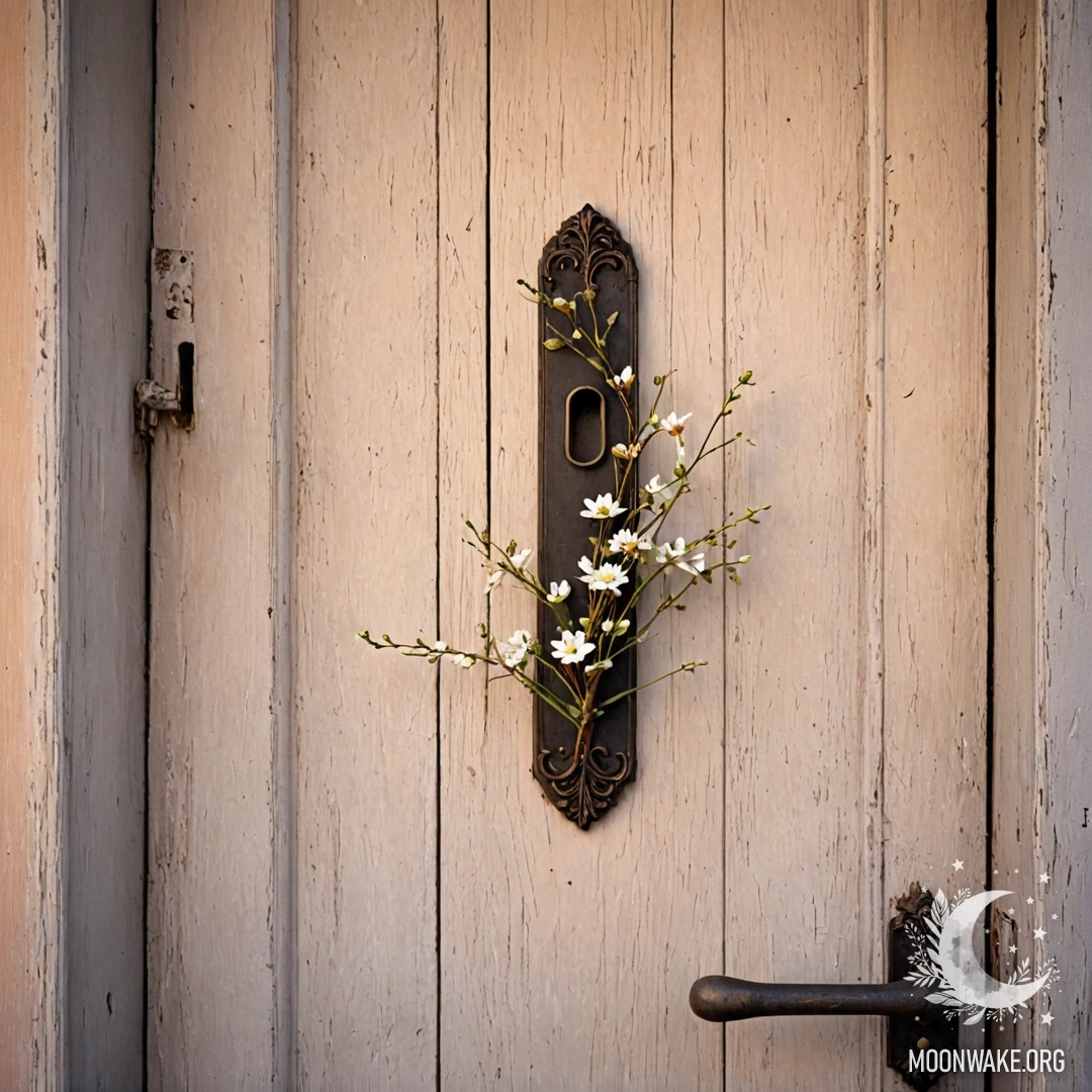 A shabby door with twigs and flowers on the handle at sunset.