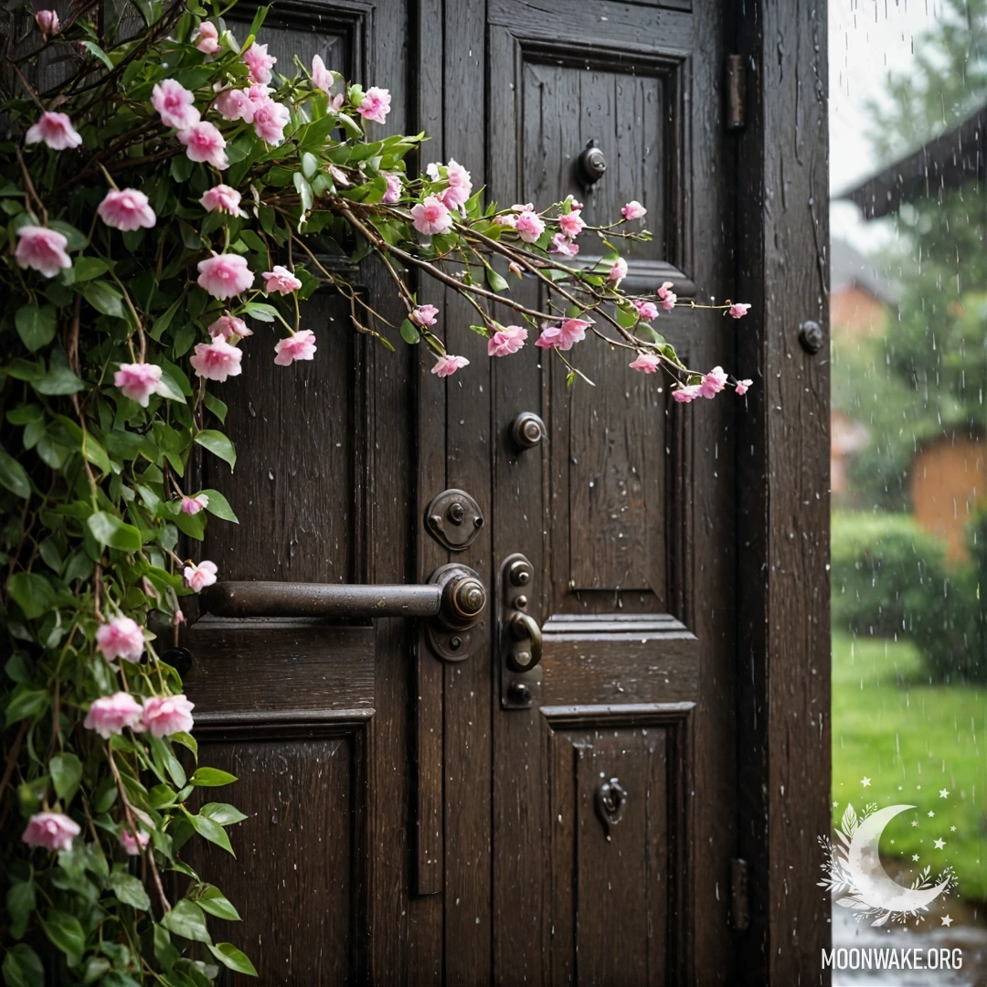 Shabby Door with Flowers Under Rain A shabby door adorned with twigs and flowers on the handle, as rain falls gently.