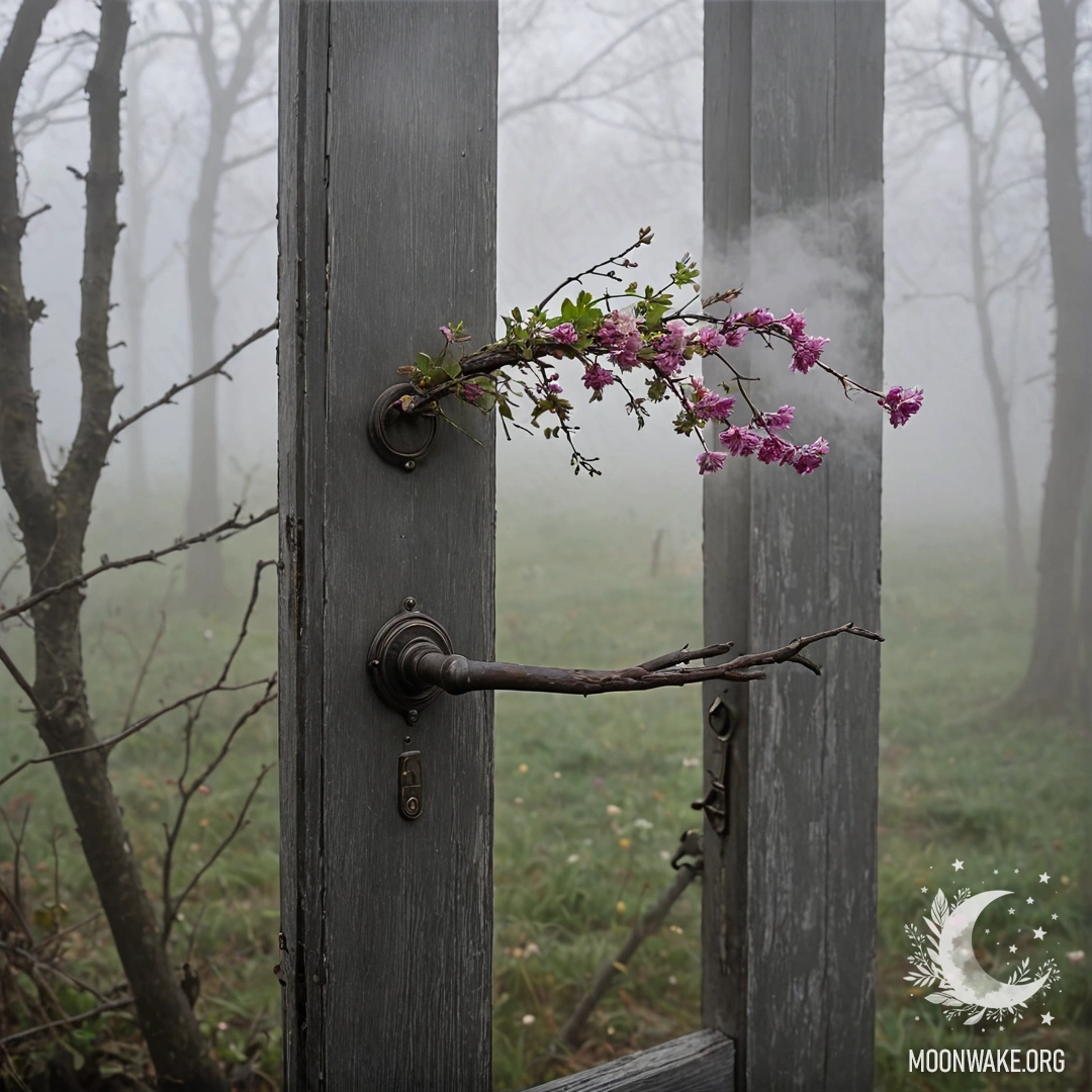 An old, shabby door partially covered by dense mist, with twigs and flowers resting on the door handle.