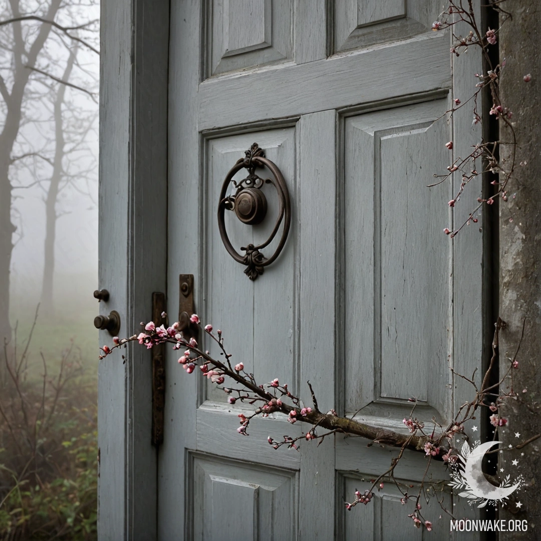 Mysterious Shabby Door in the Fog A shabby door adorned with twigs and flowers in heavy fog.