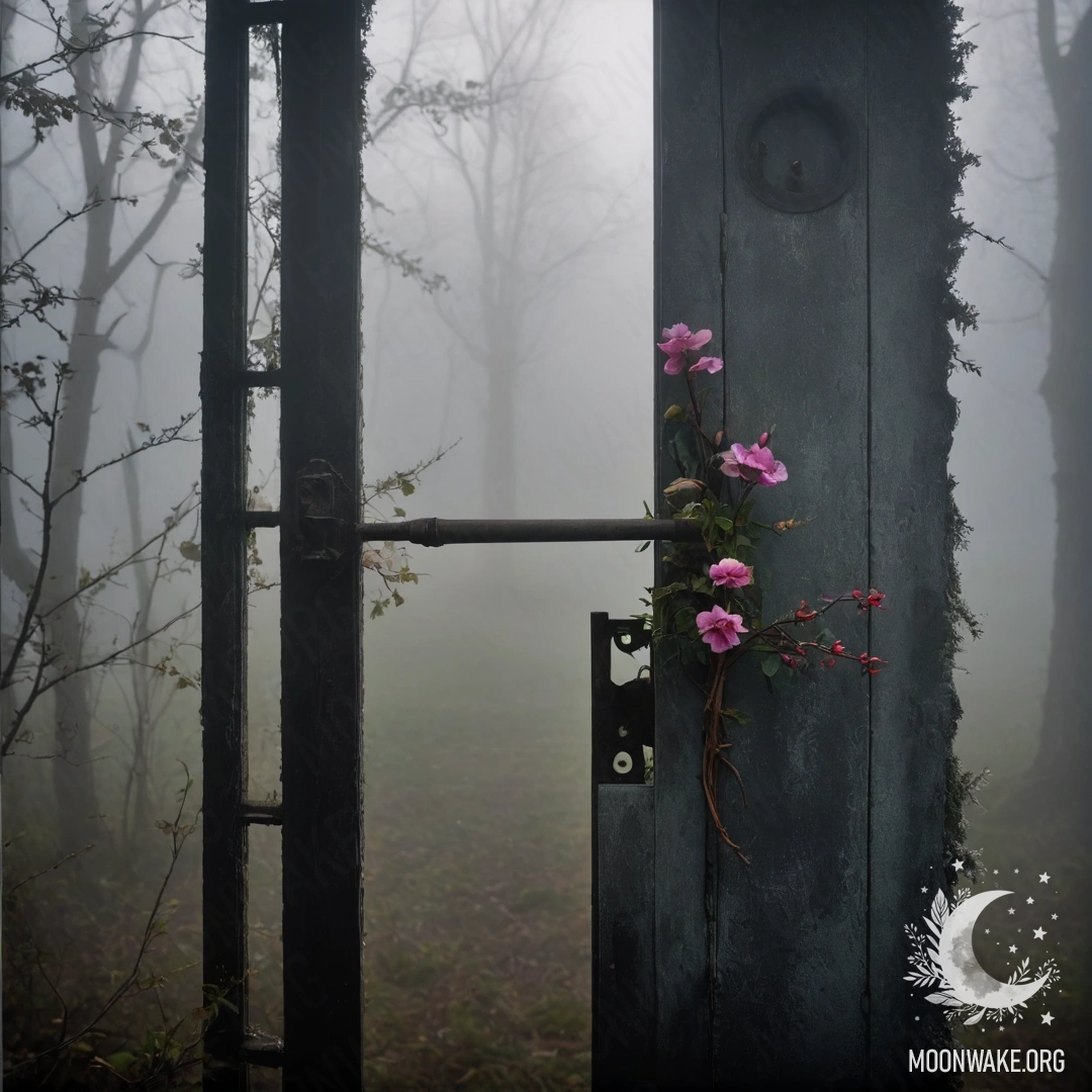 An abstract shabby door with twigs and flowers on the handle, enveloped in heavy fog.