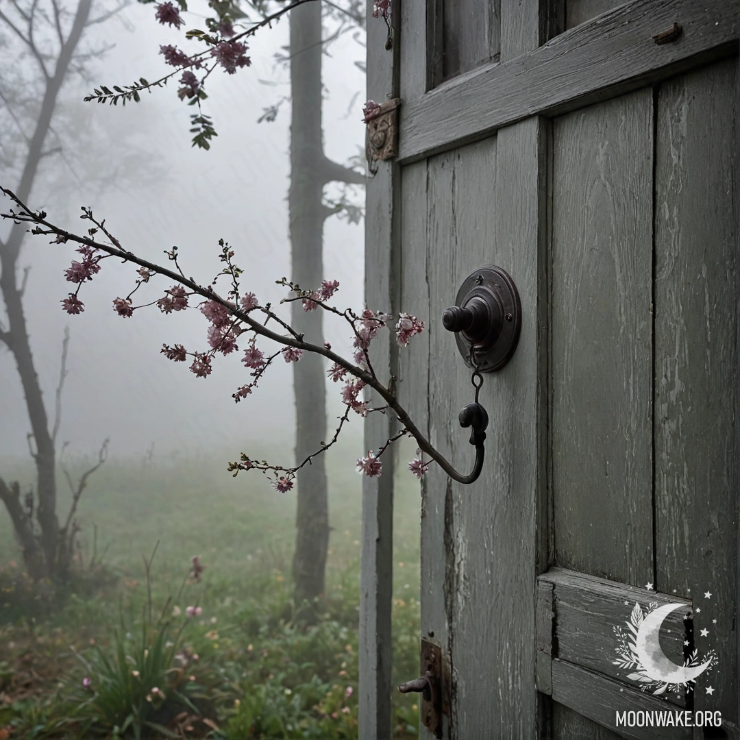 A weathered door adorned with twigs and flowers, shrouded in thick fog.