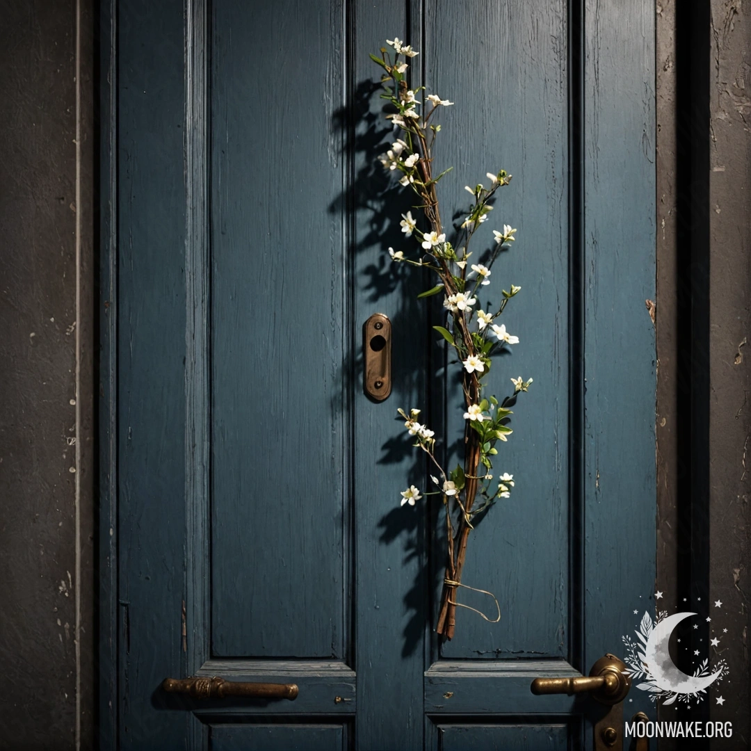 A shabby door adorned with twigs and flowers on the handle in a night setting.