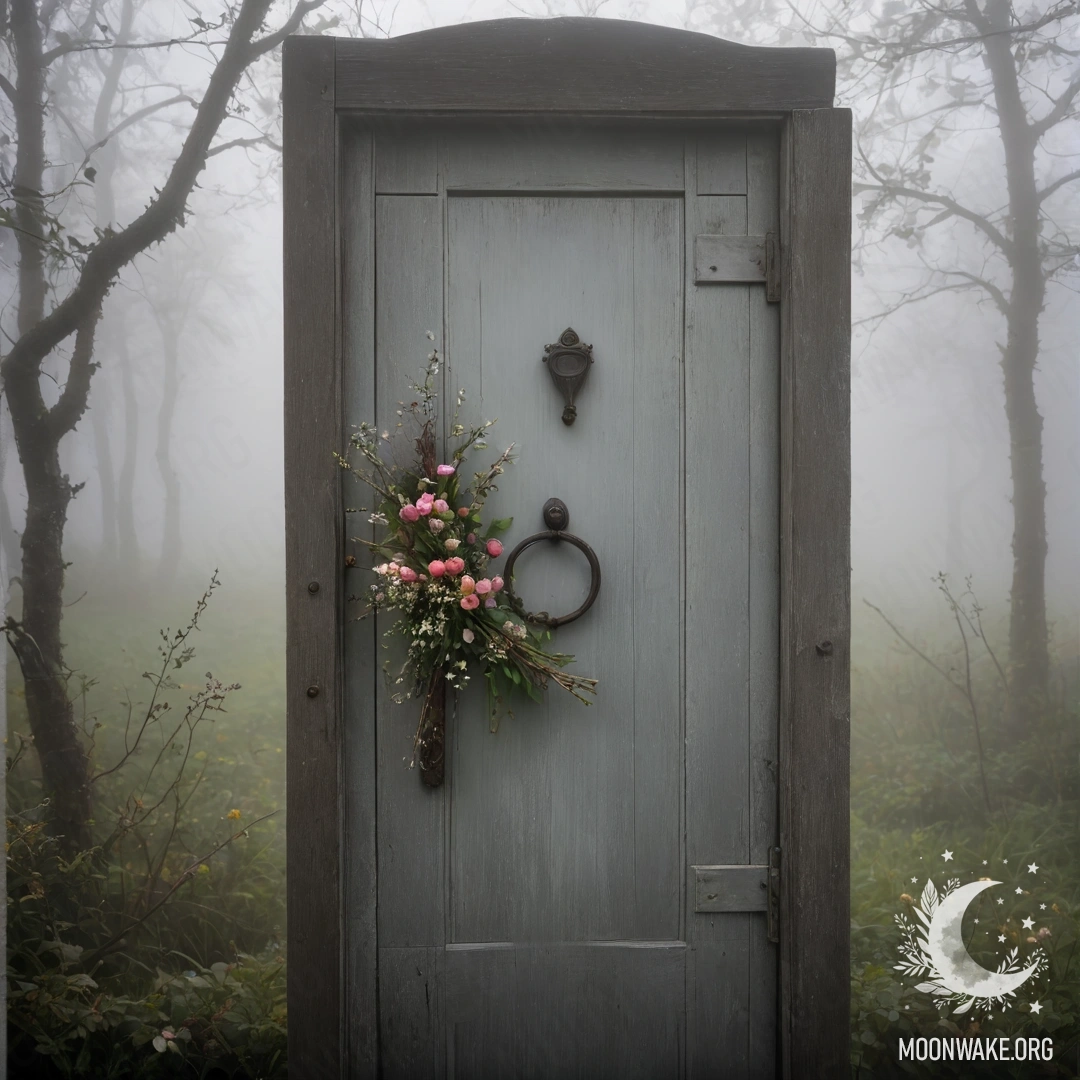 A shabby door adorned with twigs and flowers in heavy fog.