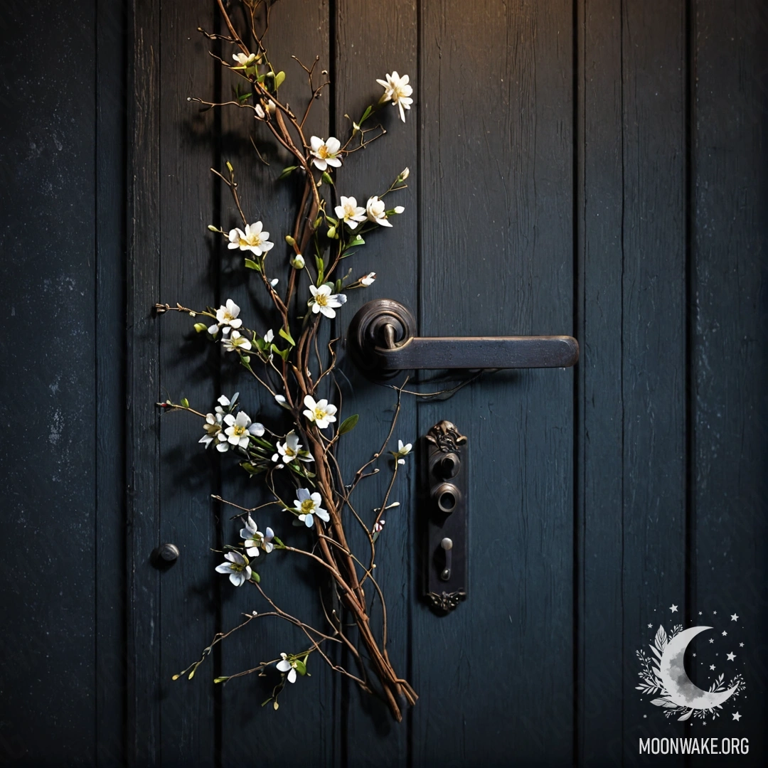 A shabby door adorned with twigs and flowers on the handle at night.