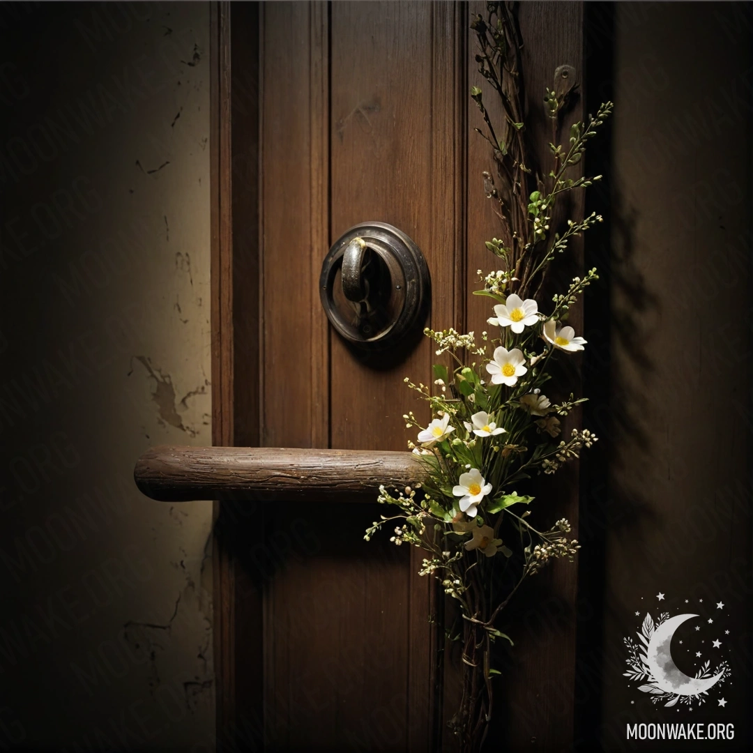 Shabby Night Door with Floral Twigs A shabby door adorned with twigs and flowers on the handle, illuminated by the night.