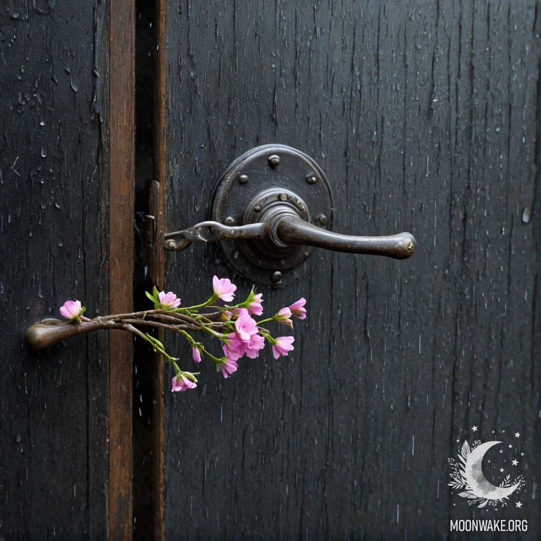 A Shabby Door Adorned with Twigs and Flowers A shabby door with twigs and flowers on the handle, drenched in rain.