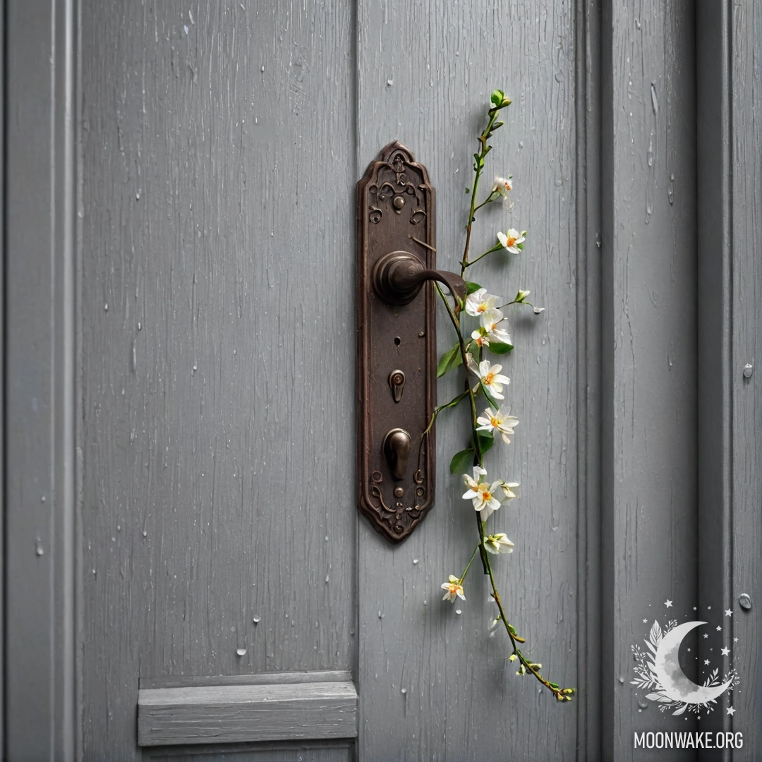 A shabby door with twigs and flowers on its handle, under rain.