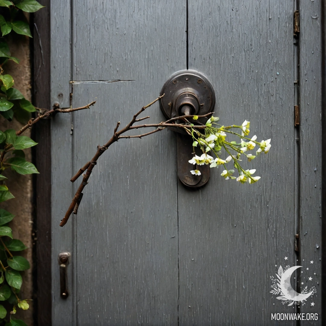 Shabby Door Embraced by Nature A shabby door adorned with twigs and flowers under the rain.
